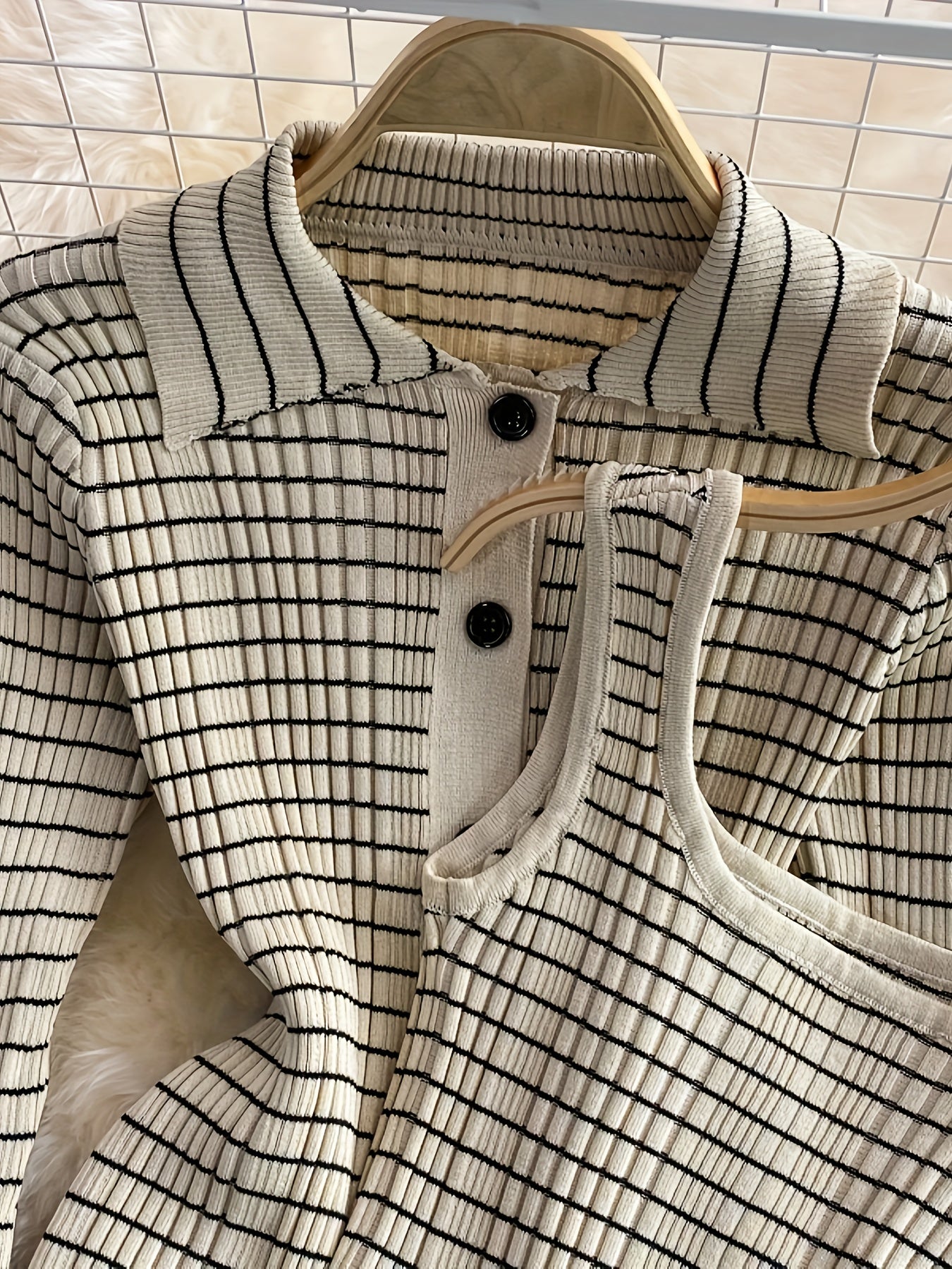 3pcs Women'S Viscose Knit Set - Casual Striped Halter Top, Lapel Collar Cardigan & Pencil Skirt - Slight Stretch Long Sleeve Office Attire for Fall/Winter
